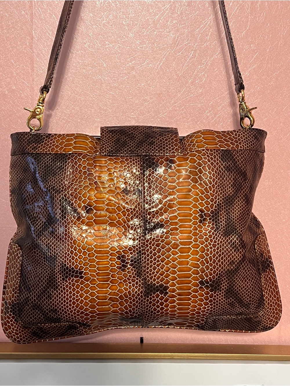Zina Eva Snakeskin Leather Tote with Wood Handle - Picture 3 of 12